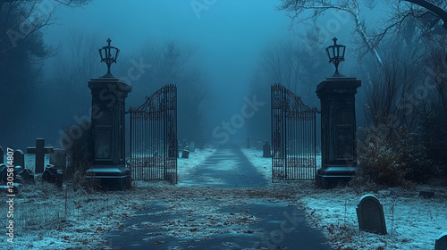 Spooky cemetery entrance with fog and open iron gates