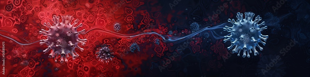 COVID-19 virus cells on red and blue background. Microscopic 3D illustration of coronavirus. Pandemic, infection, and disease concept. Medical research visualization. COVID-19 virus cells on red and blue background. Microscopic 3D illustration of coronavirus. Pandemic, infection, and disease concept. Medical research visualization.