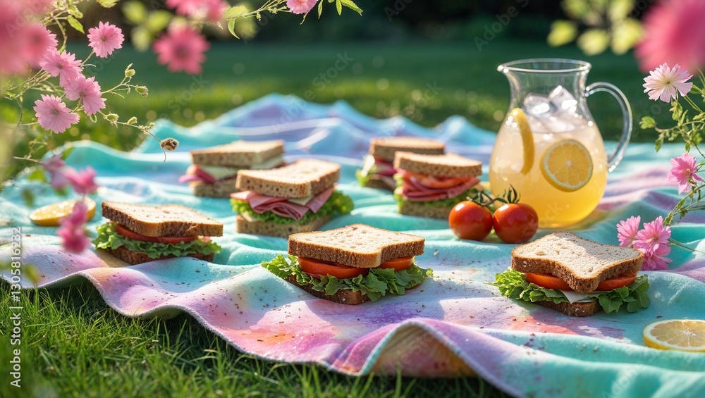 Fototapeta premium Enjoying a delightful picnic with sandwiches and refreshing lemonade on a sunny day surrounded by vibrant flowers