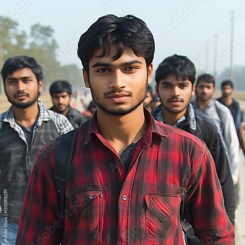 Young men walking, rural India,  group in background. Use  documentary