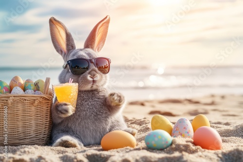 Cool Easter bunny with sunglasses on vacation on the beach with a cocktail.