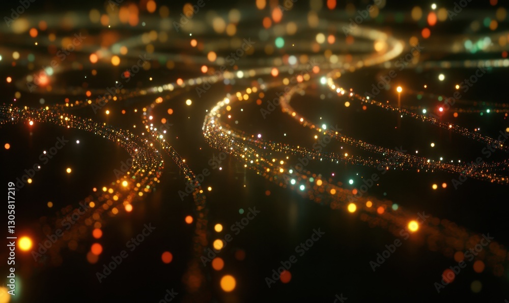 Naklejka premium Glowing particle streams flow on dark background, ideal for digital art