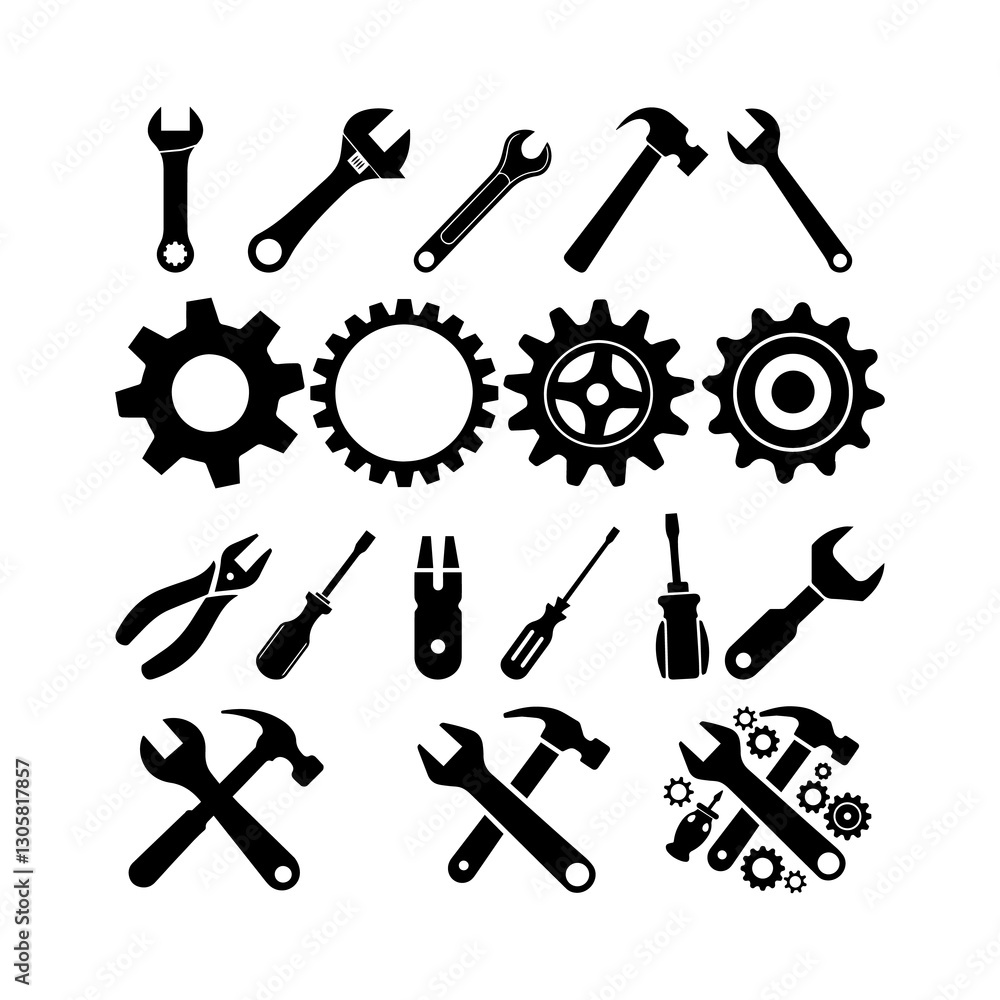 Set of Silhouette Tools and Gears Icons Collection Set of Silhouette Tools and Gears Icons Collection