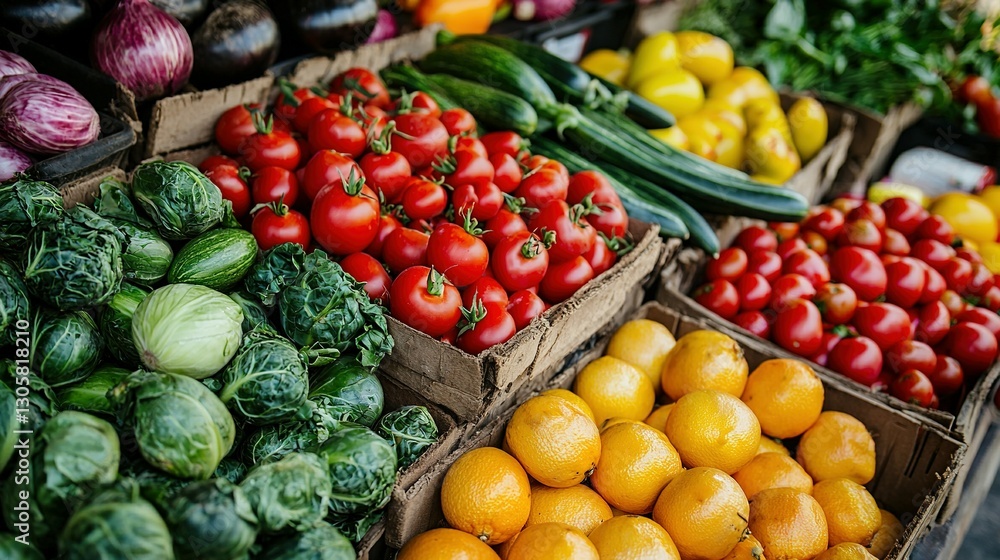 Fresh produce arranged attractively in crates for market display Fresh produce arranged attractively in crates for market display