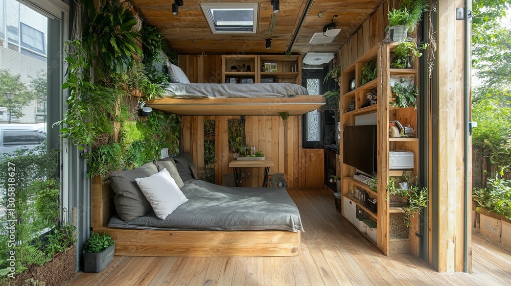 Wooden Container Home With Abundant Greenery And Loft Bed Wooden Container Home With Abundant Greenery And Loft Bed