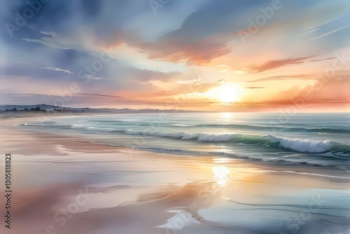 Watercolor ocean sunrise over gentle waves, coastal beauty landscape 