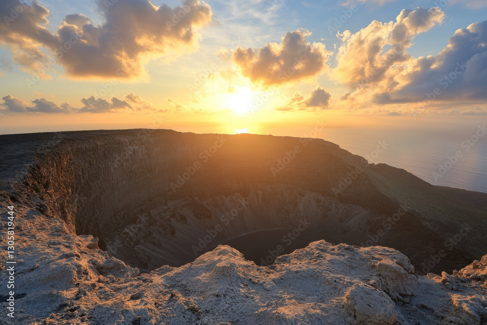 Fototapeta premium Caldera blanca volcano illuminated by rising sun in lanzarote, canary islands