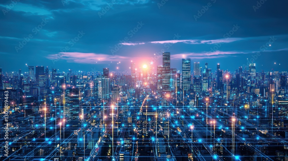 Obraz premium Cityscape, network, night, digital, glow, future, technology, urban, connection, innovation