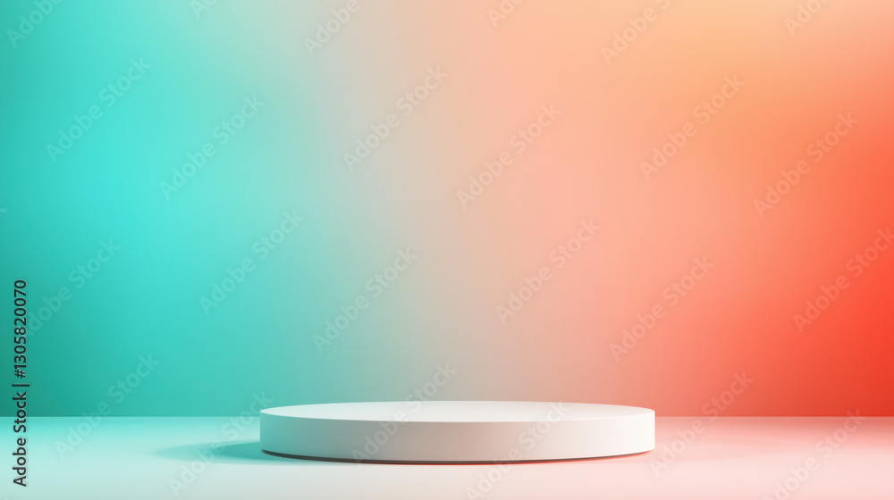 Modern Matte White Podium with Sharp Edges in Bright Studio Setting, Featuring Gradient Pastel Coral-to-Teal Backdrop – Ideal for Trendy and Contemporary Product Photography copy space Modern Matte White Podium with Sharp Edges in Bright Studio Setting, Featuring Gradient Pastel Coral-to-Teal Backdrop – Ideal for Trendy and Contemporary Product Photography copy space