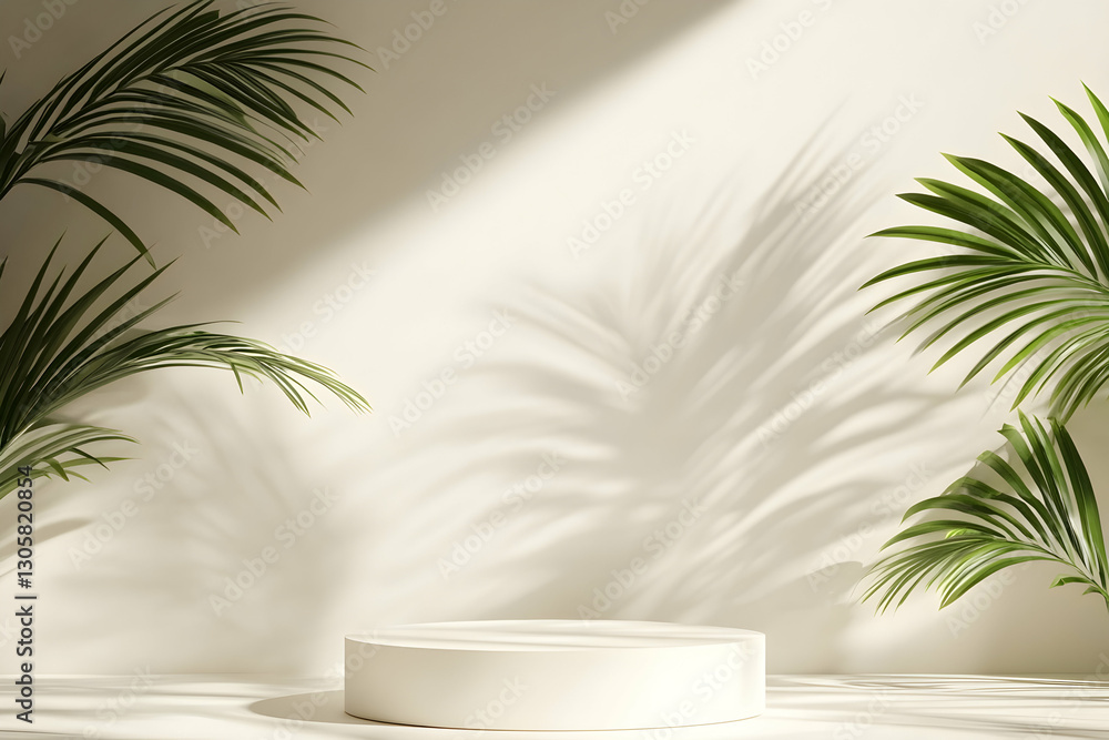 Minimalist white podium with soft tropical leaf shadows, perfect for a natural product showcase Minimalist white podium with soft tropical leaf shadows, perfect for a natural product showcase