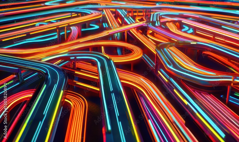 Neon highway network at night, complex traffic flow, futuristic background Neon highway network at night, complex traffic flow, futuristic background