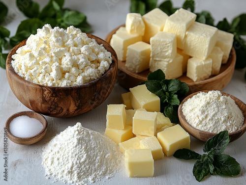 Ingredients for preparing a rich and creamy cheesecake with cottage cheese, butter, and other essential elements