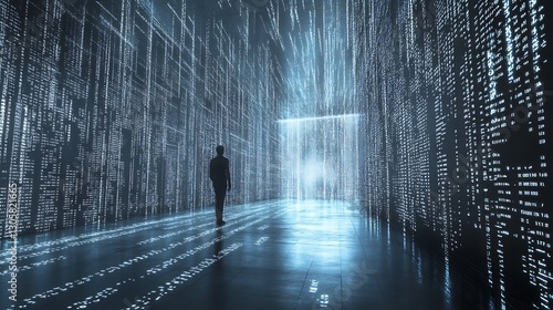 Fototapeta Naklejka Na Ścianę i Meble -  Silhouette of a man in a futuristic corridor of digital data streams For a journey into the digital realm concept.