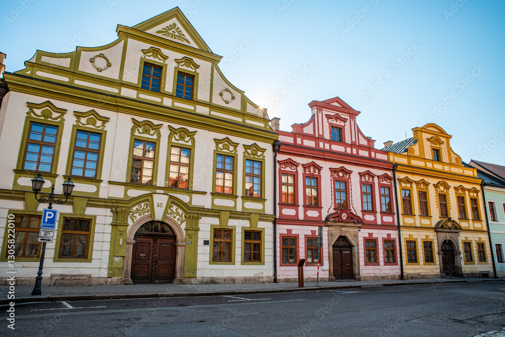 Fototapeta premium Hradec Kralove, Czech republic - February 20, 2025. Historic picturesque buildings in Soukenicka and Karla Tomana streets