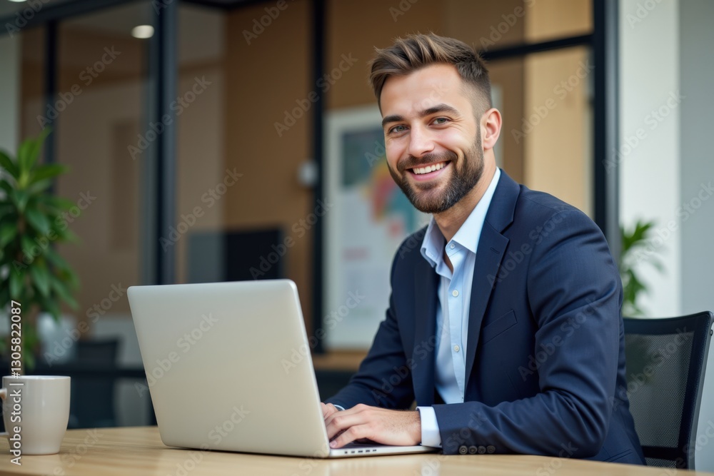 Young Adult Man in Suit Working at a Modern Office Desk with Laptop and Plants, Focused on Business and Technology Young Adult Man in Suit Working at a Modern Office Desk with Laptop and Plants, Focused on Business and Technology