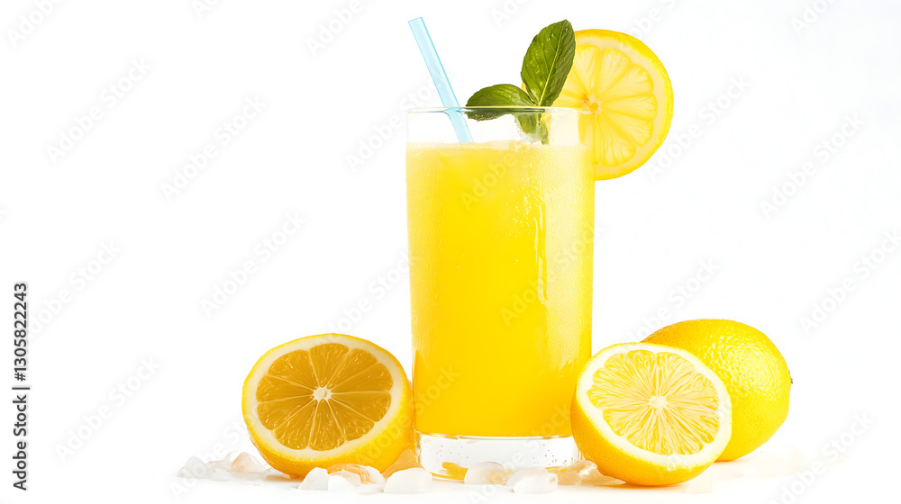 A glass of lemonade with a straw in it and a slice of lemon on the side A glass of lemonade with a straw in it and a slice of lemon on the side