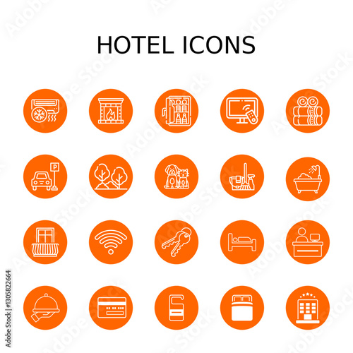 Hotel service icon set. Hospitality symbol, room, service, booking, facilities. Icons vector collection.