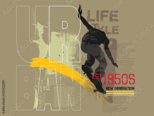 Abstract art grunge illustration. freestyle skateboard grunge, t shirt graphics print typography, Urban typography hipster street art, vector grunge art graffiti style. skateboard player jumping illus