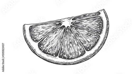 A drawing of a lemon slice with a black outline. The drawing is in black and white and has a vintage feel to it