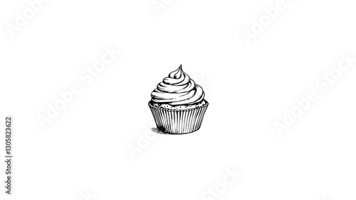 Black and white cupcake sketch on white background, dessert illustration