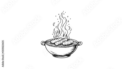 Grilled sausages sizzling, outdoor BBQ atmosphere, culinary delight