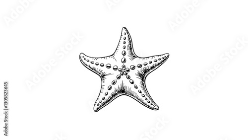 Artistic black and white starfish sketch on white background, marine symbolism