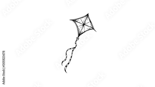 Simple black and white kite sketch on white background, creativity symbol