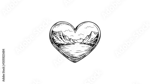 Scenic Norwegian fjord sketch in heart shape, love for nature