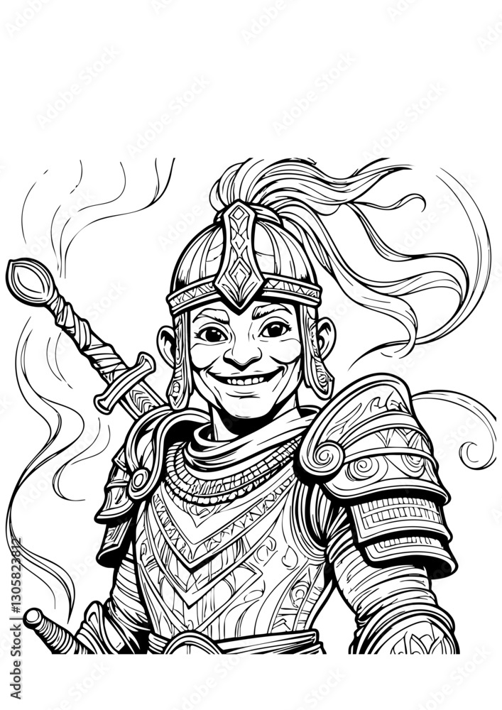 Fototapeta premium Smiling Fantasy Warrior – Detailed Ink Drawing of a Heroic Knight