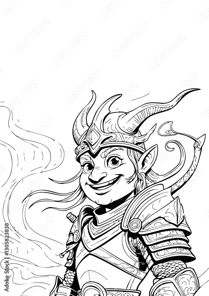 Fototapeta premium Smiling Elven Warrior – Fantasy Black & White Ink Illustration