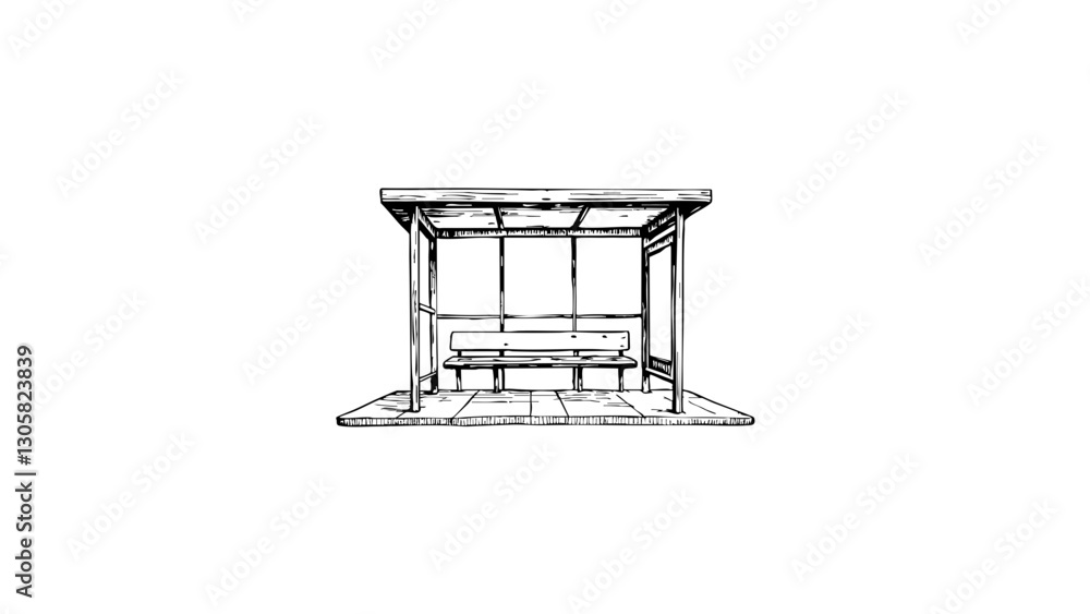Sketch of a bus stop with bench and roof, urban architecture concept