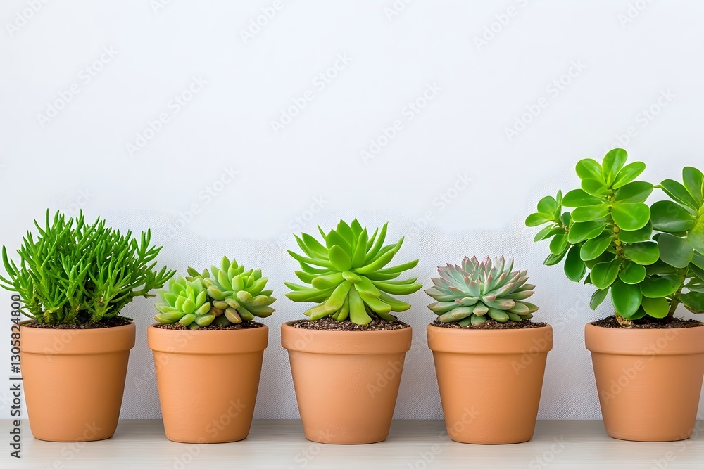 Fototapeta premium Assortment of Potted Succulents and Cacti in Ceramic Pots