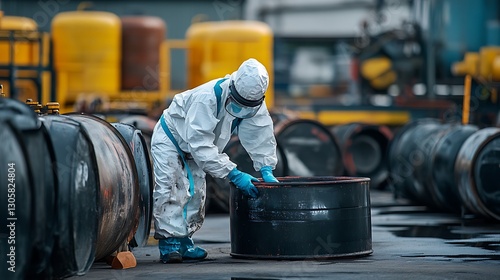 A worker in full protective gear safely handling hazardous waste, highlighting the risks of toxic material exposure in industries.