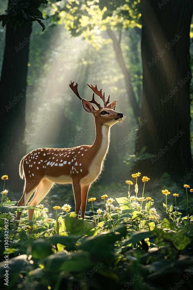 Deer in Spring forest.