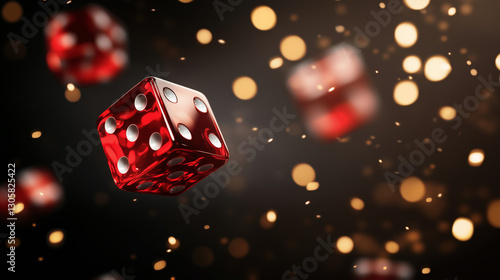 Shiny red dice in midair with golden bokeh lights on dark background
