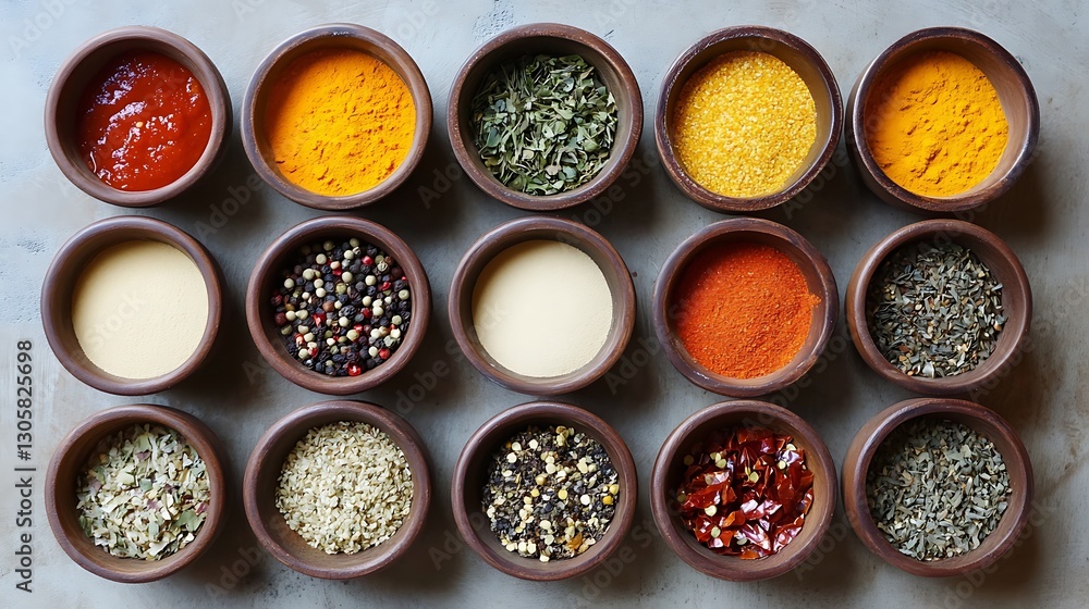 overhead shot of various spices herbs in small bowls for Perfect cooking, baking adding flavor concept. overhead shot of various spices herbs in small bowls for Perfect cooking, baking adding flavor concept.