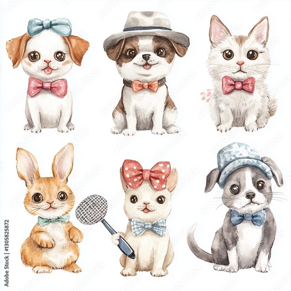 Obraz premium **Collection set watercolor pet idol showcasing adorable dogs, cats, and rabbits posing with cute accessories like bows, hats, and mini microphones, creating a fun and engaging influencer vibe. 