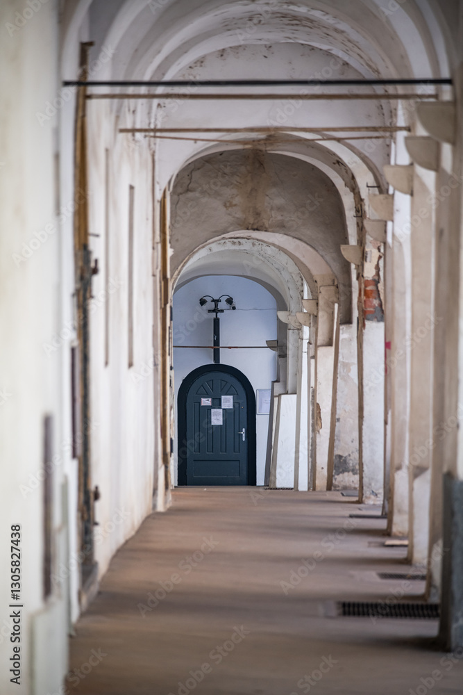 Hradec Kralove, Czech republic - February 20, 2025. Historic buildings in Rokitanskeho street with arcades Hradec Kralove, Czech republic - February 20, 2025. Historic buildings in Rokitanskeho street with arcades