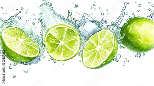A close up of four lime slices in a glass of water. The lime slices are cut in half and are floating in the water