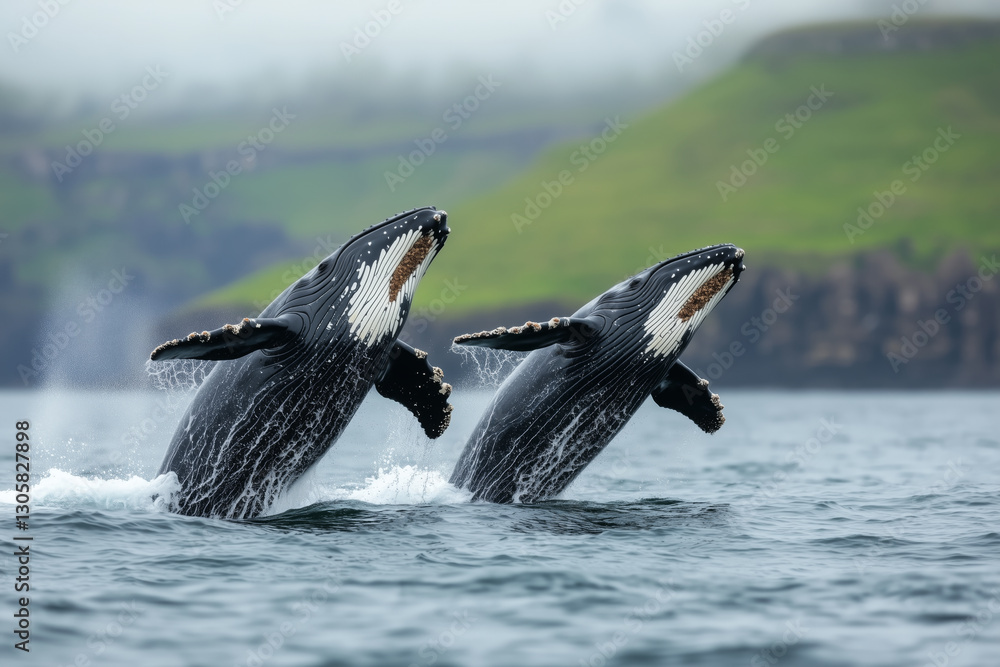Obraz premium Two humpback whales breaching the ocean surface in unison with water splashing around them, set against a misty coastal landscape with green cliffs in the background
