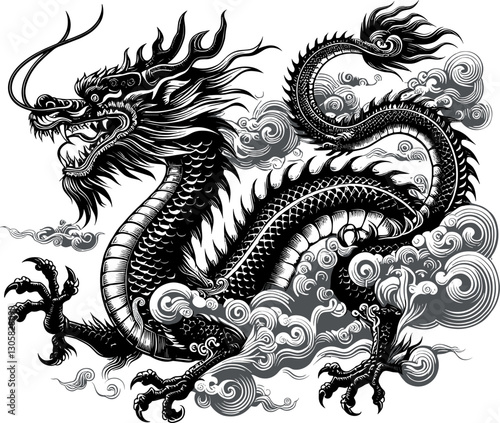 Prominent black oriental dragon flying among grey clouds