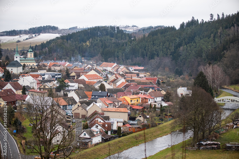 Jimramov, Czech republic - December 25, 2024. Aerial view of township in Winter Jimramov, Czech republic - December 25, 2024. Aerial view of township in Winter