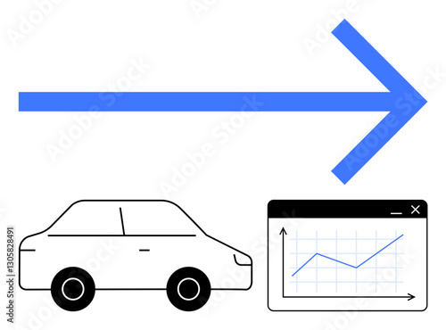 Blue arrow above car and analytics chart highlighting data monitoring, transportation efficiency. Ideal for logistics, technology, data, strategy, mobility, innovation progress. Flat simple metaphor