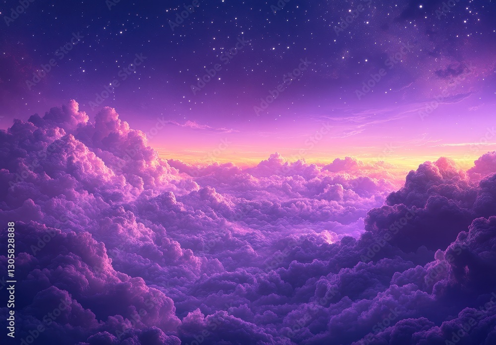 Fototapeta premium Ethereal Sky at Dusk with Vibrant Purple and Pink Clouds Illuminated by Twinkling Stars Under a Deepening Blue Horizon