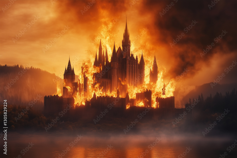 Obraz premium Fiery Castle in Flames Against a Dramatic Sunset Sky Reflection