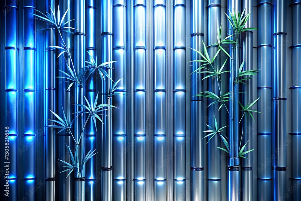 Obraz premium Futuristic metallic background with blue neon light bamboo leaves modern design high-tech cyberpunk style innovation glossy texture Copy Space milkyhexddway Backgrounds for advertising business art