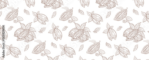 Seamless cocoa bean pattern with leaves and branches line art style. Minimalistic and elegant design, perfect for package design, branding, labels, organic product packaging