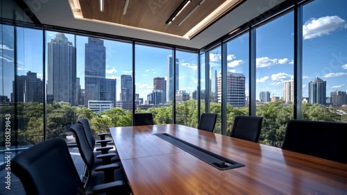 modern meeting room with large windows and views of tall buildings against a clear blue sky