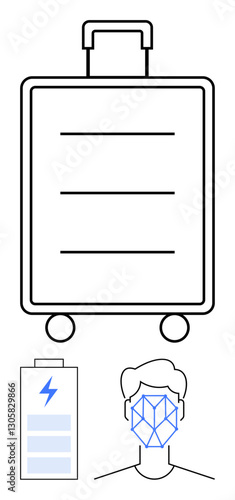 Minimalist suitcase with wheels, biometric face scan, and battery pack. Ideal for travel, technology, innovation, security, convenience personal identification sustainability. Flat simple metaphor