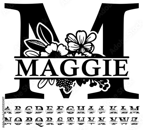 Monogram Serif Split Alphabet Flower Floral Fancy Clipart Silhouette